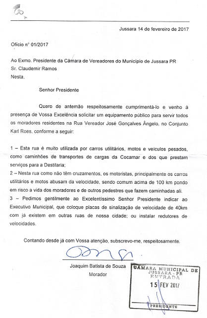 Oficio enviado a Camara de Vereadores de Jussara PR | JB Treinamento