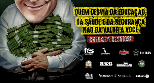 Imagem: Servidores públicos denunciam, por meio de Outdoors, a suposta falta de recursos do Estado do Paraná, nas cidades de Curitiba, Londrina, Maringá, Ponta Grossa, Guarapuava, Irati. Crédito da imagem: APP-SINDICATO. Imagem: Servidores públicos denunciam, por meio de Outdoors, a suposta falta de recursos do Estado do Paraná, nas cidades de Curitiba, Londrina, Maringá, Ponta Grossa, Guarapuava, Irati. Crédito da imagem: APP-SINDICATO.