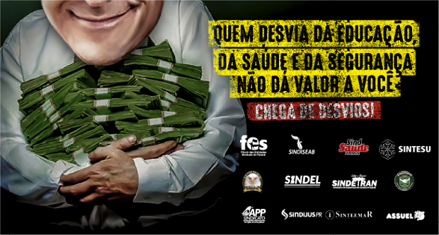 Imagem: Servidores públicos denunciam, por meio de Outdoors, a suposta falta de recursos do Estado do Paraná, nas cidades de Curitiba, Londrina, Maringá, Ponta Grossa, Guarapuava, Irati. Crédito da imagem: APP-SINDICATO.